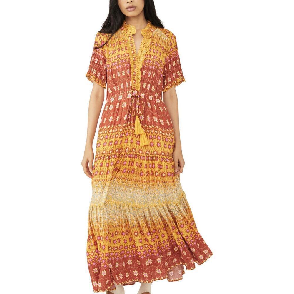 Free People Rare Feelings Maxi Dress In Goldenrod Combo Size Large NEW - Picture 2 of 14